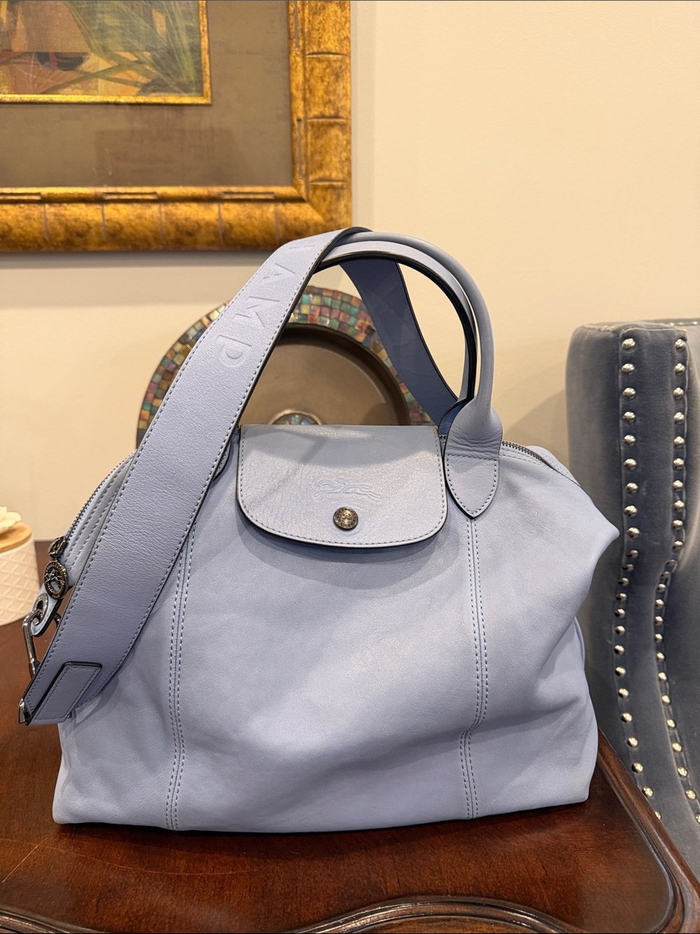 Longchamp Le Pliage Heritage Leather Tote in Light Blue